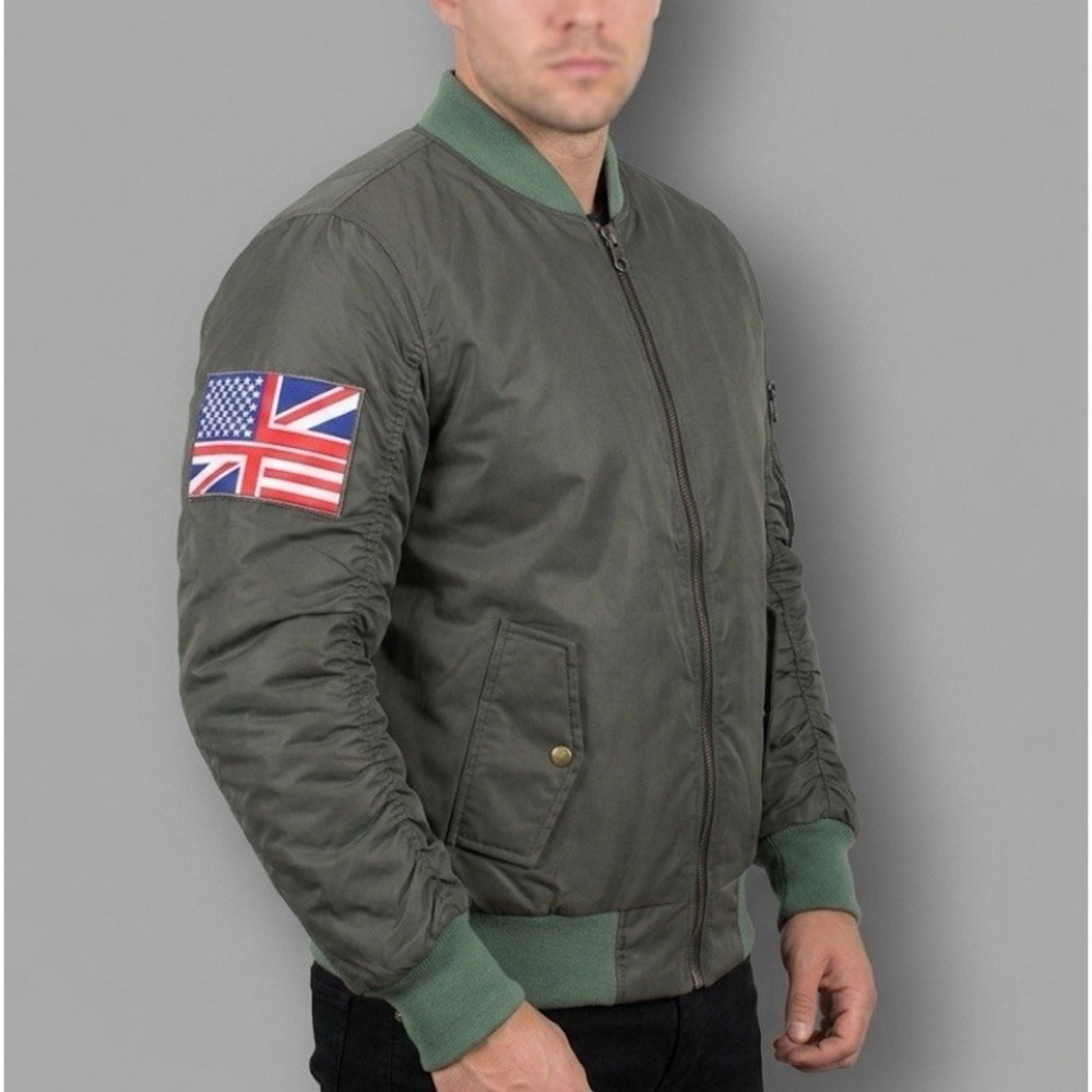 GABE SHADDOW Men's Flight Bomber Jacket Olive Green USA/UK Hybrid Patch Size L